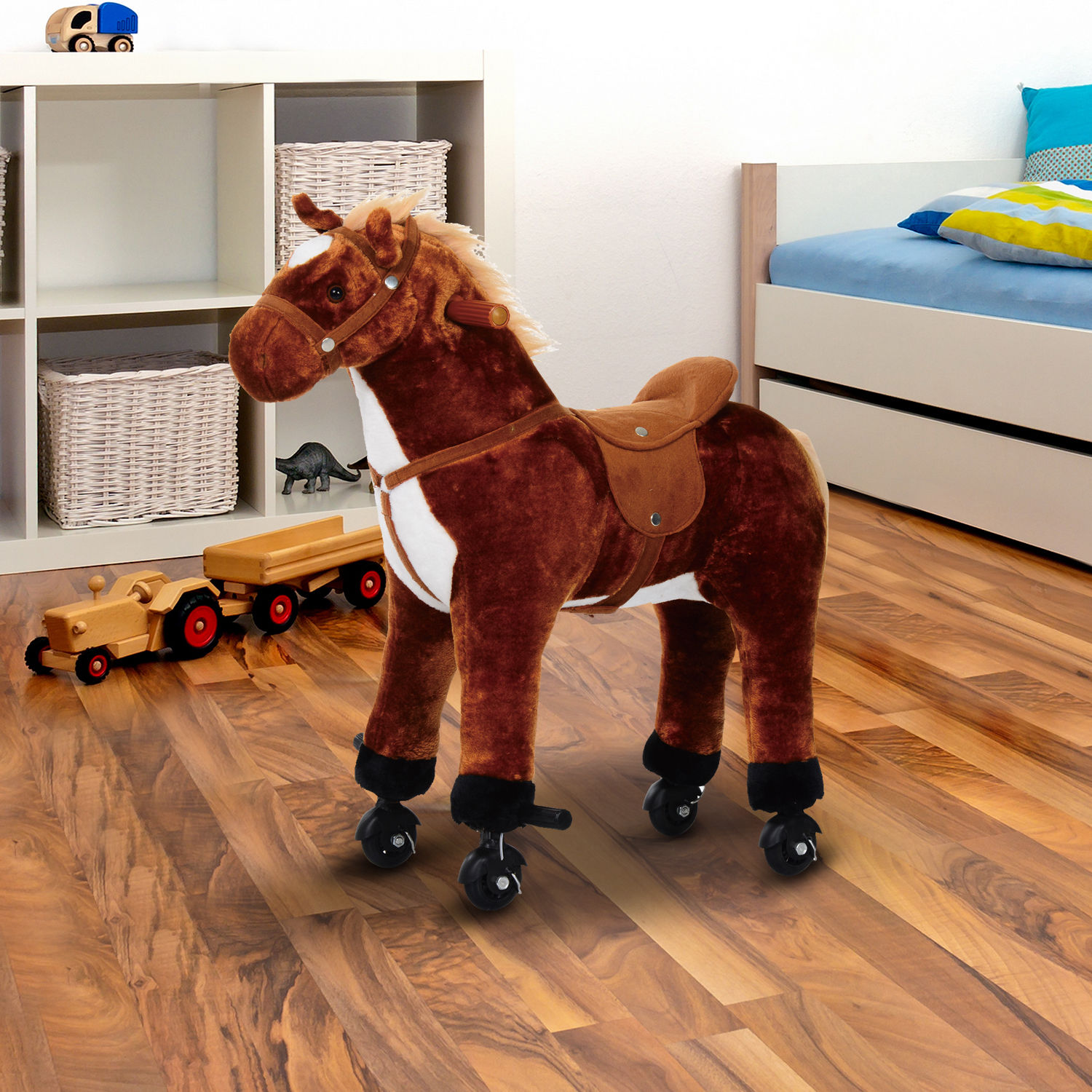 Cavalo de brinquedo para crianças de +3 anos com rodas sons e estrutura de metal carga 60kg 65x28x75 cm castanho