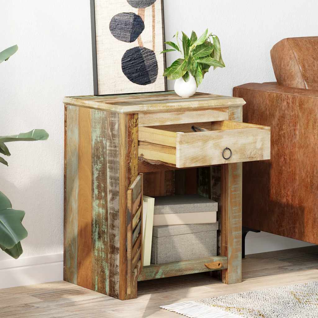 Mesa de apoio com 1 gaveta e 1 porta, madeira reciclada