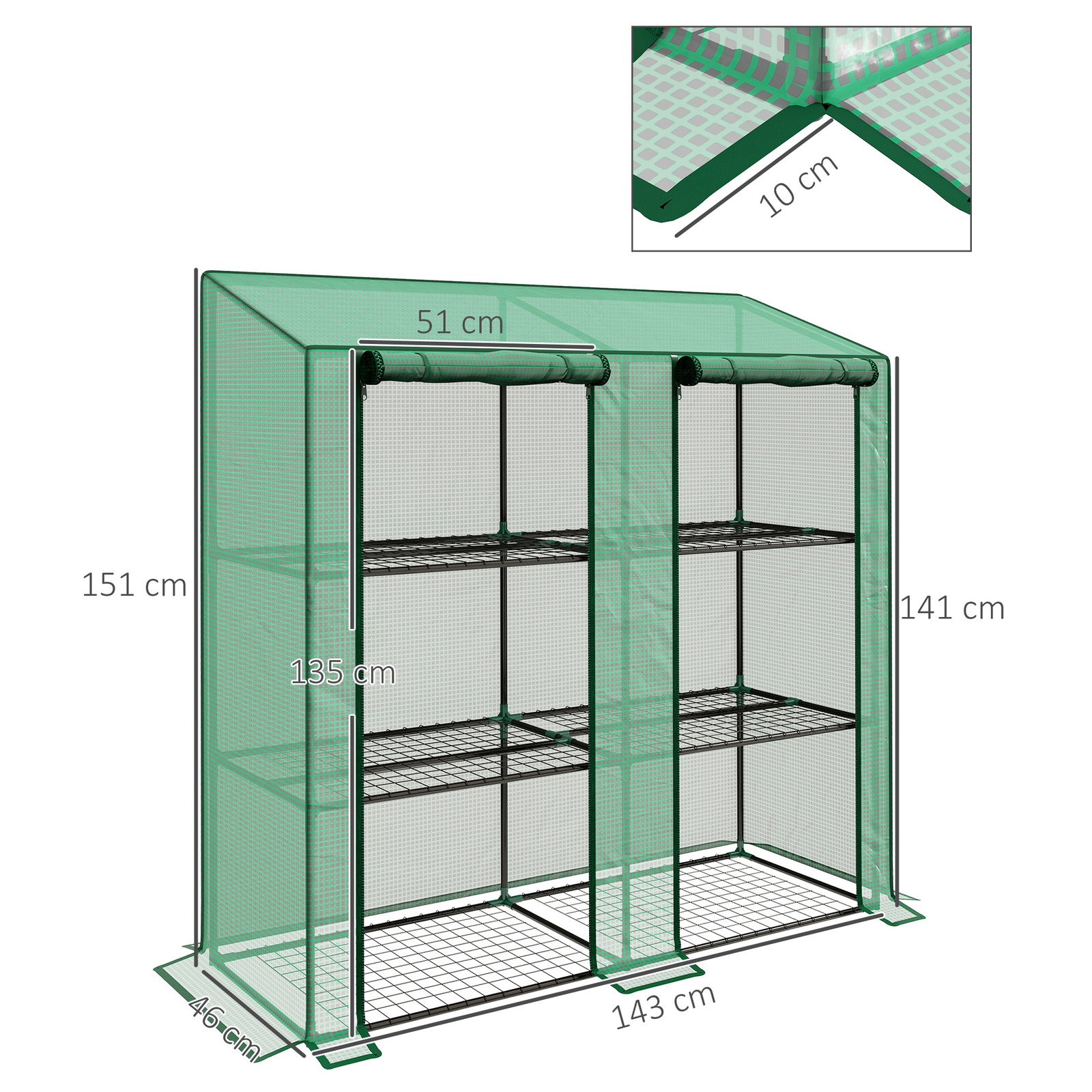 Estufa de jardim de 3 níveis estufa de terraço com prateleiras para cultivo de plantas em pátio 143x46x141/151 cm verde
