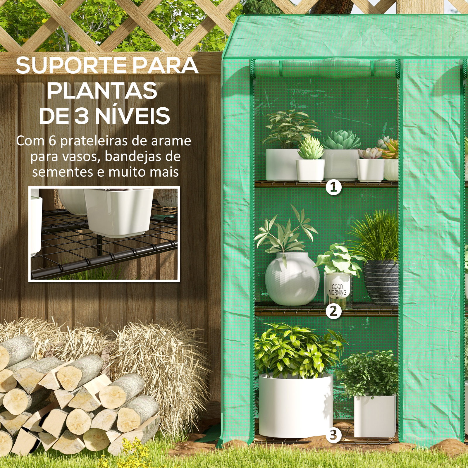 Estufa de jardim de 3 níveis estufa de terraço com prateleiras para cultivo de plantas em pátio 143x46x141/151 cm verde