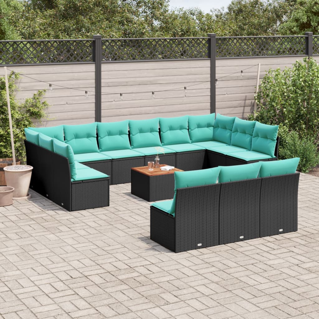 14 Pcs conjunto de sofás p/ jardim c/ almofadões vime PE preto