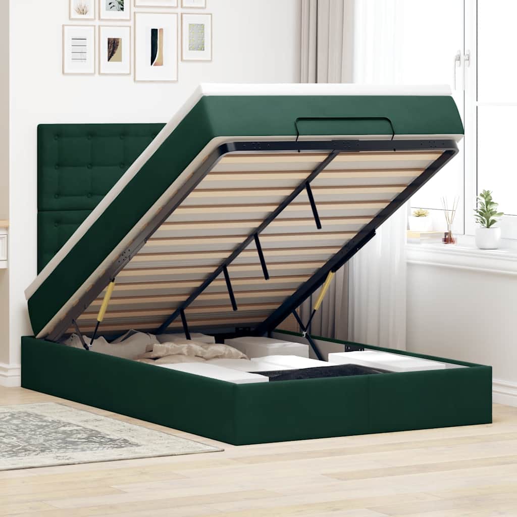 Estrutura de cama otomana com colchões verde escuro veludo