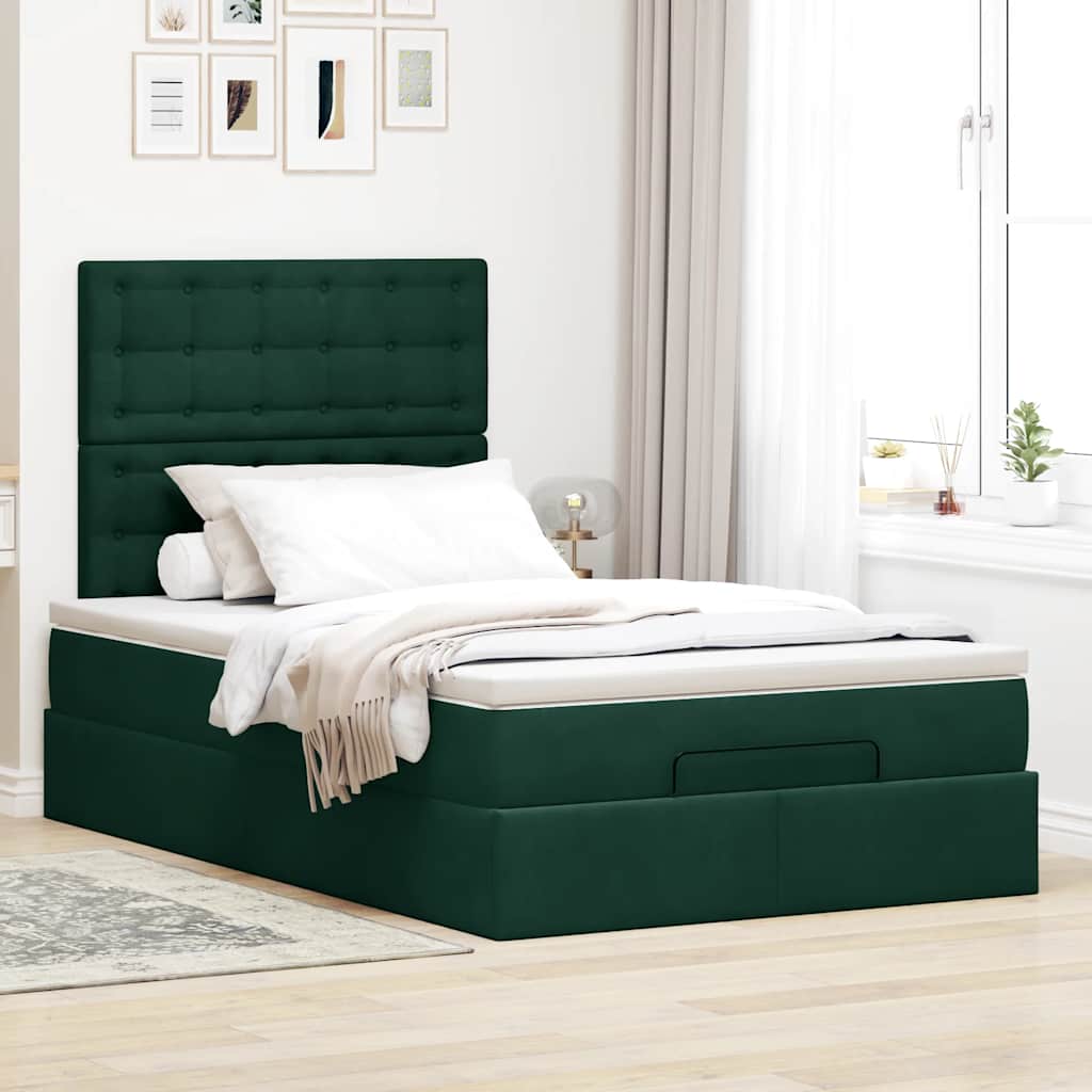 Estrutura de cama otomana com colchões verde escuro veludo