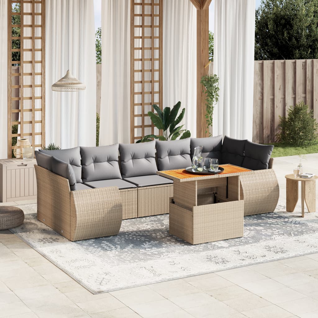 8 Pcs conjunto de sofás p/ jardim com almofadões vime PE bege