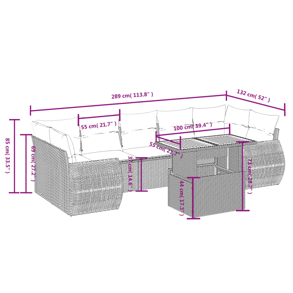 8 Pcs conjunto de sofás p/ jardim com almofadões vime PE bege