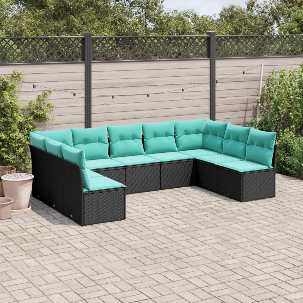 Conjunto de sofá de jardim de 9 peças com almofadas em rattan sintético preto