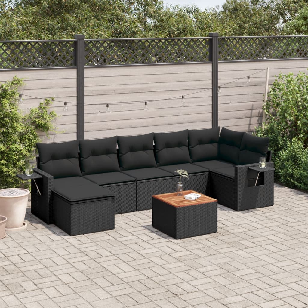 8 Pcs conjunto sofás de jardim com almofadões vime PE preto