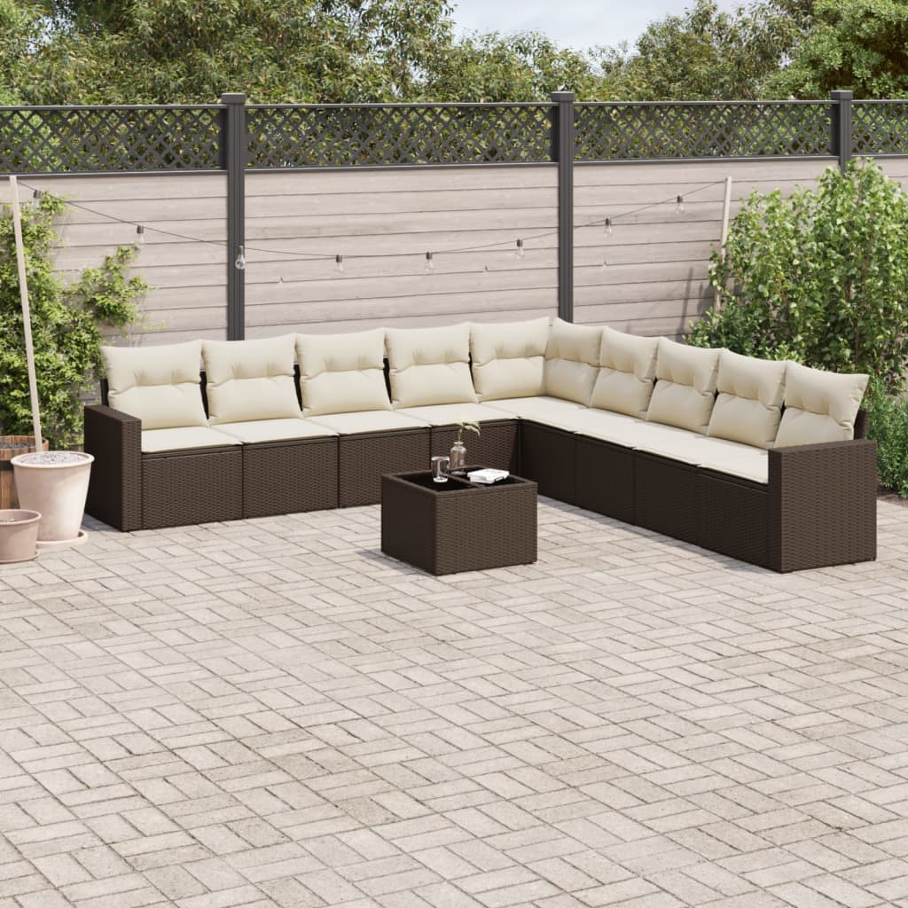 10 Pcs conj. sofás jardim com almofadões vime PE castanho