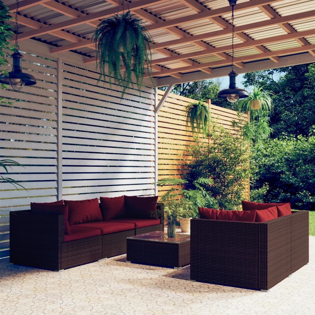 6 Pcs conjunto lounge jardim c/ almofadões vime PE castanho