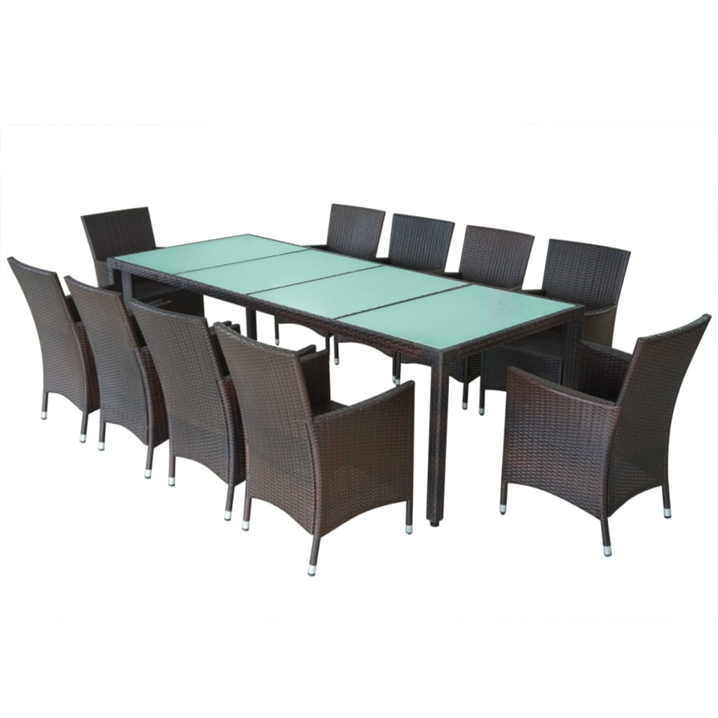 11 Pcs conjunto jantar exterior com almofadões vime PE castanho