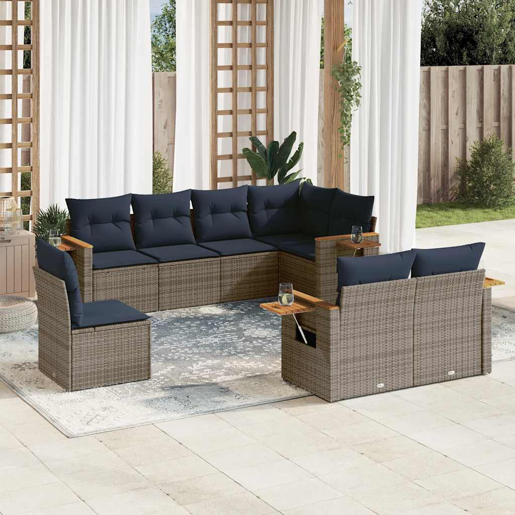 8 Pcs conjunto sofás p/ jardim c/ almofadões vime PE cinzento