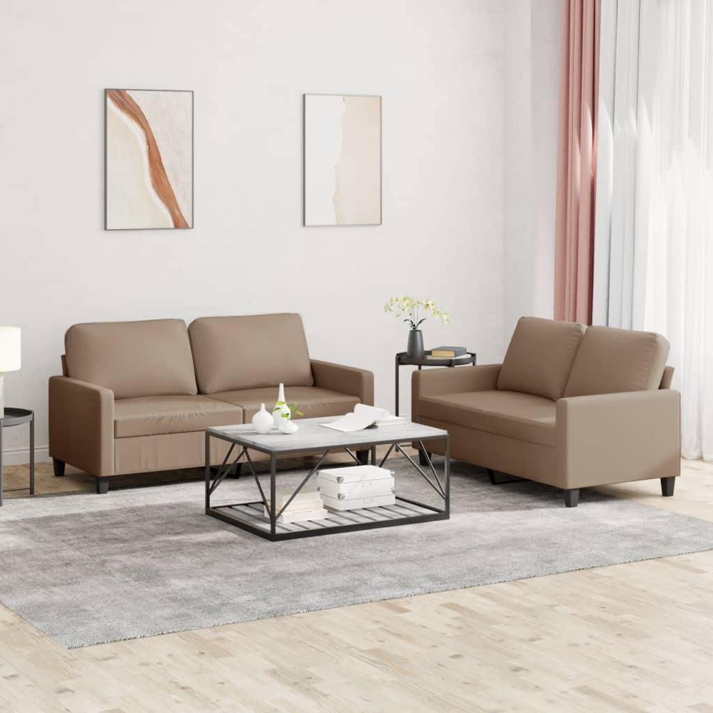 2 Pcs conjunto sofás c/ almofadões couro artif. cor cappuccino
