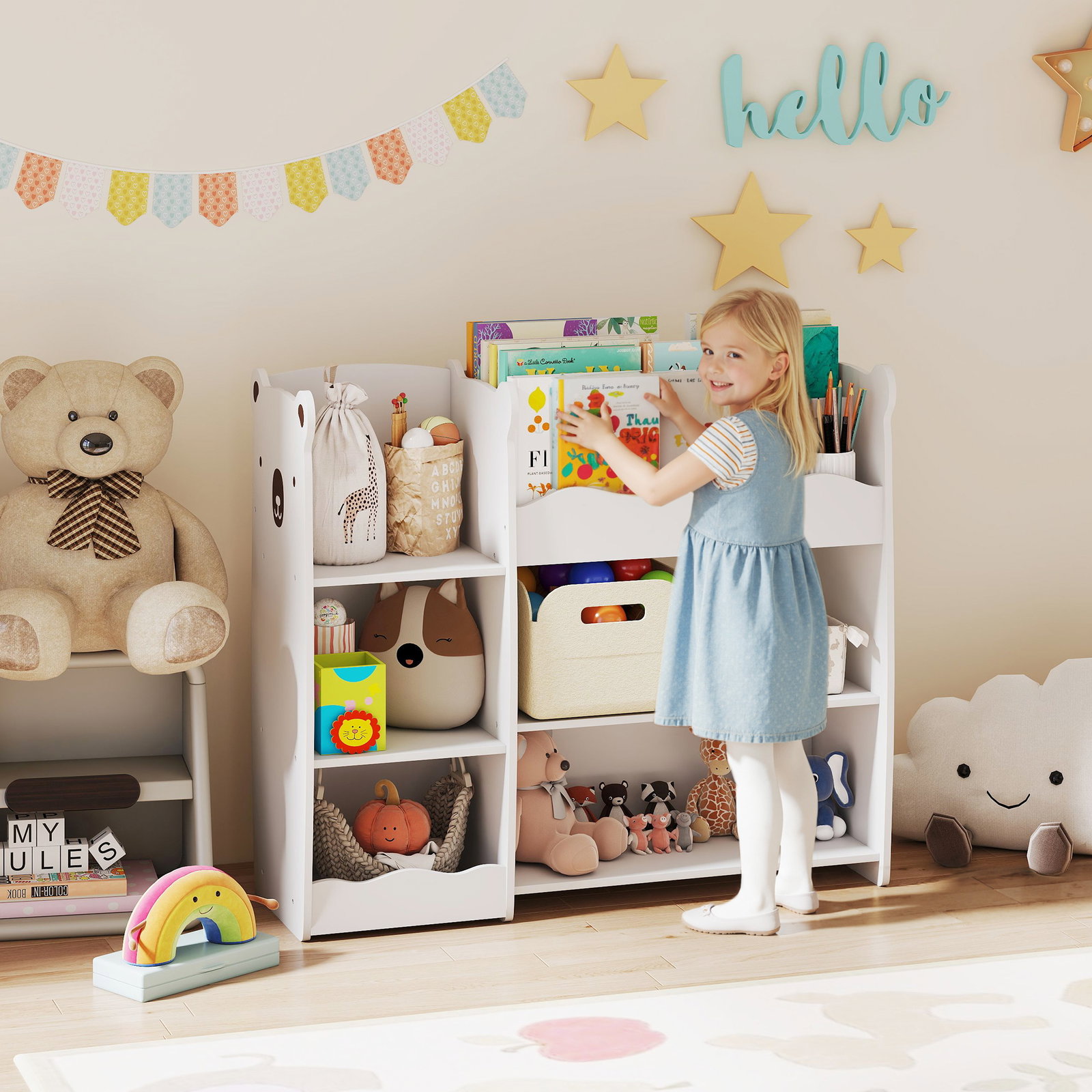 Estante infantil para brinquedos 5 prateleiras abertas 2 compartimentos design de ursinho organizador de brinquedos branco