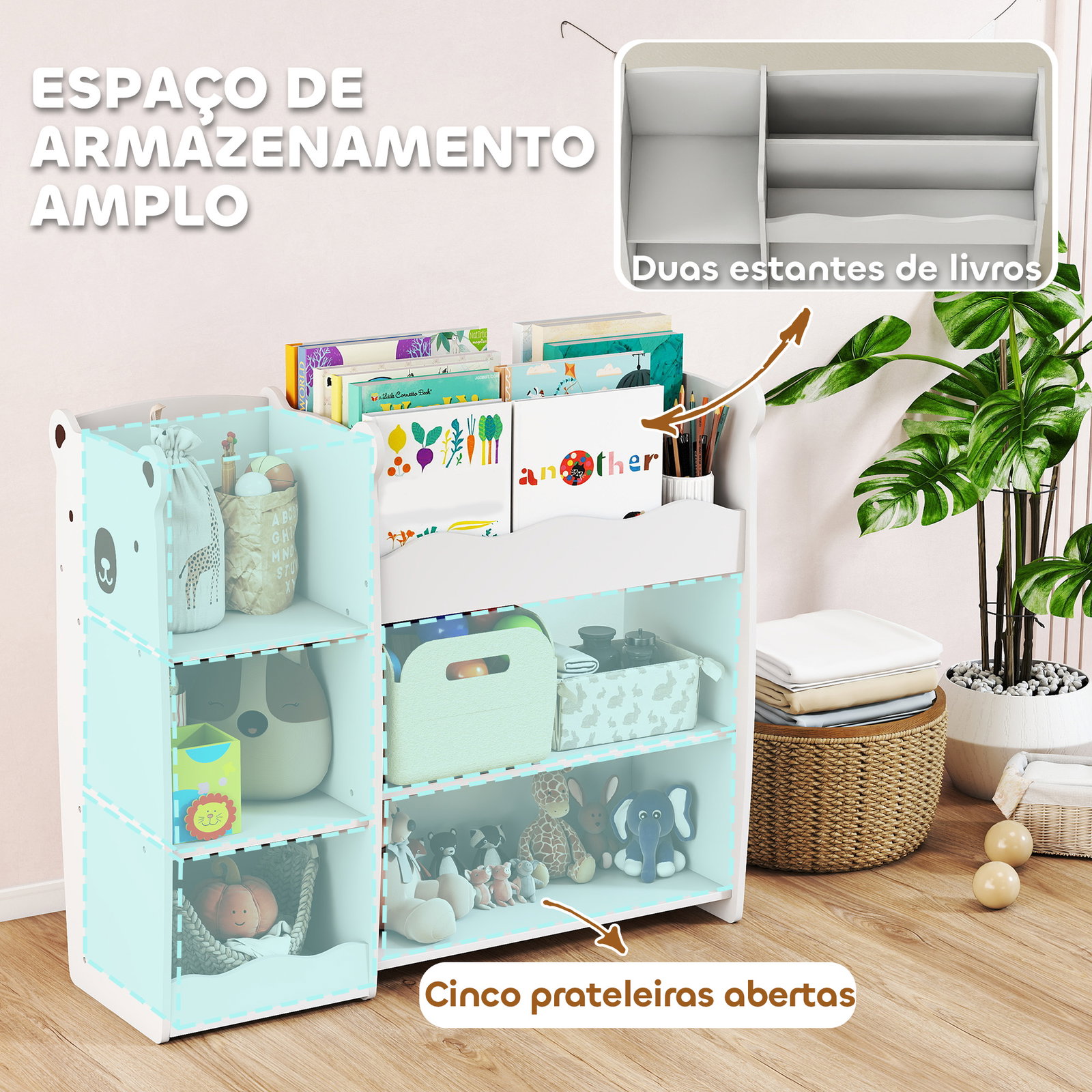 Estante infantil para brinquedos 5 prateleiras abertas 2 compartimentos design de ursinho organizador de brinquedos branco