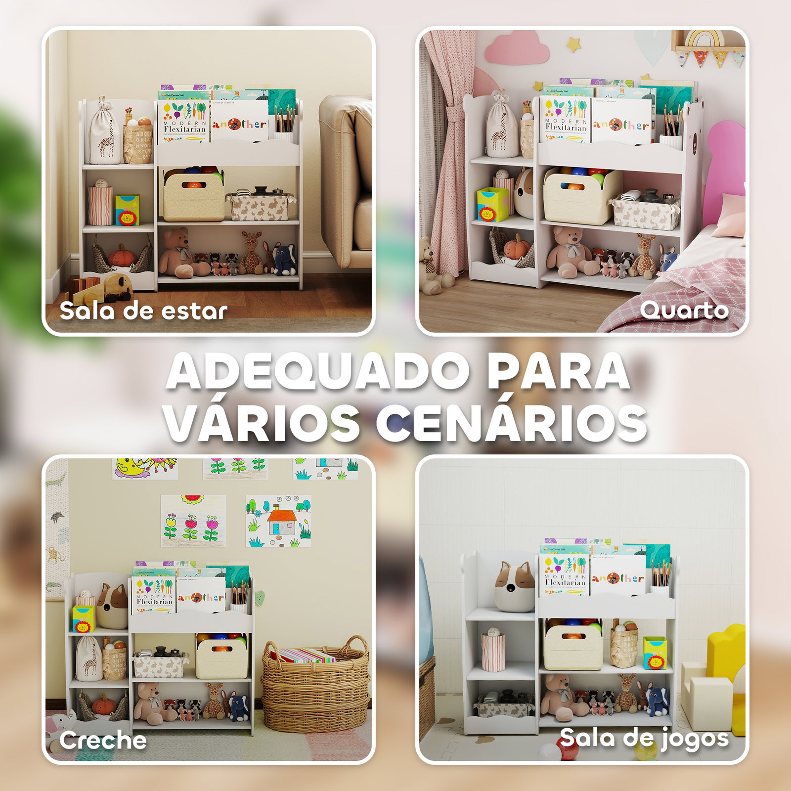 Estante infantil para brinquedos 5 prateleiras abertas 2 compartimentos design de ursinho organizador de brinquedos branco