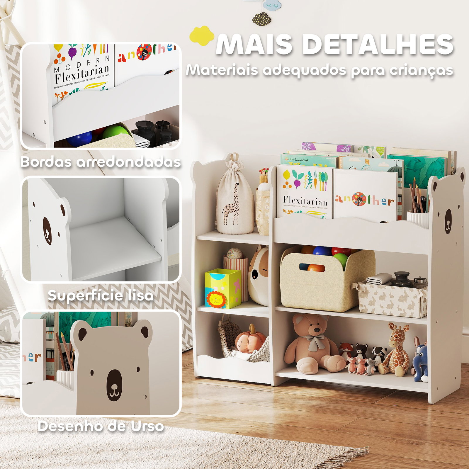Estante infantil para brinquedos 5 prateleiras abertas 2 compartimentos design de ursinho organizador de brinquedos branco