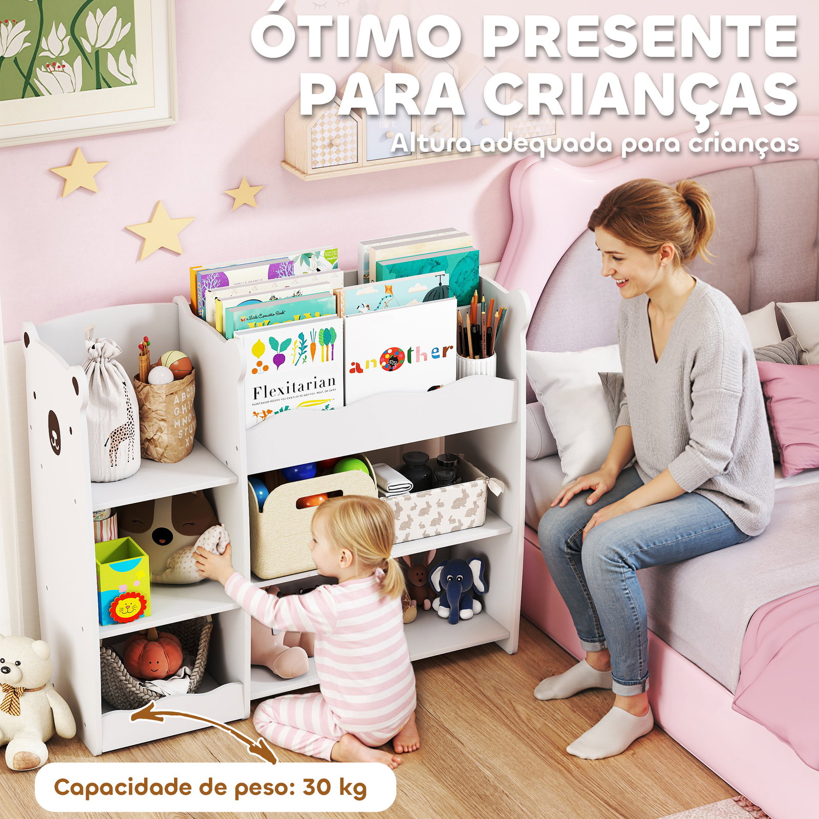 Estante infantil para brinquedos 5 prateleiras abertas 2 compartimentos design de ursinho organizador de brinquedos branco
