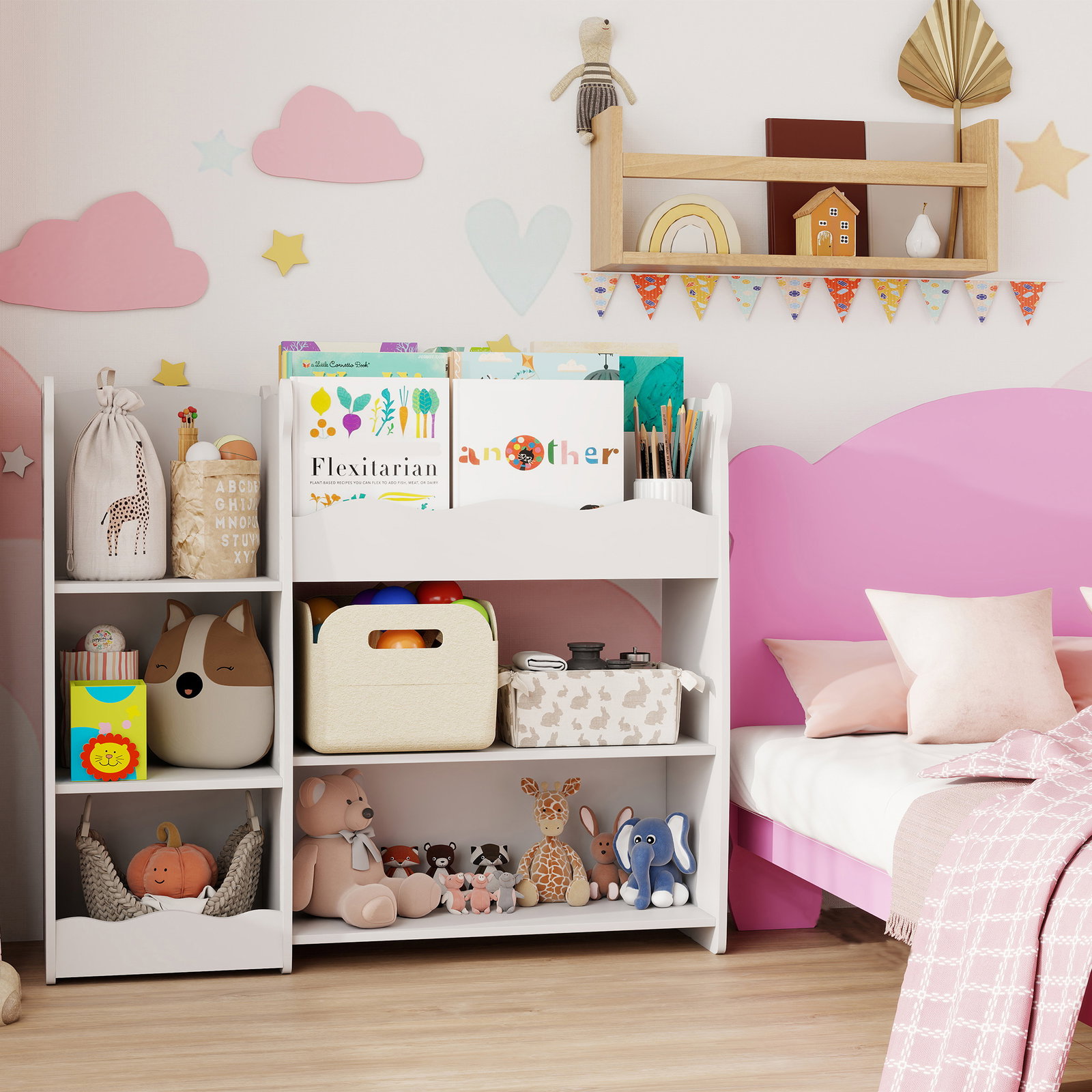 Estante infantil para brinquedos 5 prateleiras abertas 2 compartimentos design de ursinho organizador de brinquedos branco