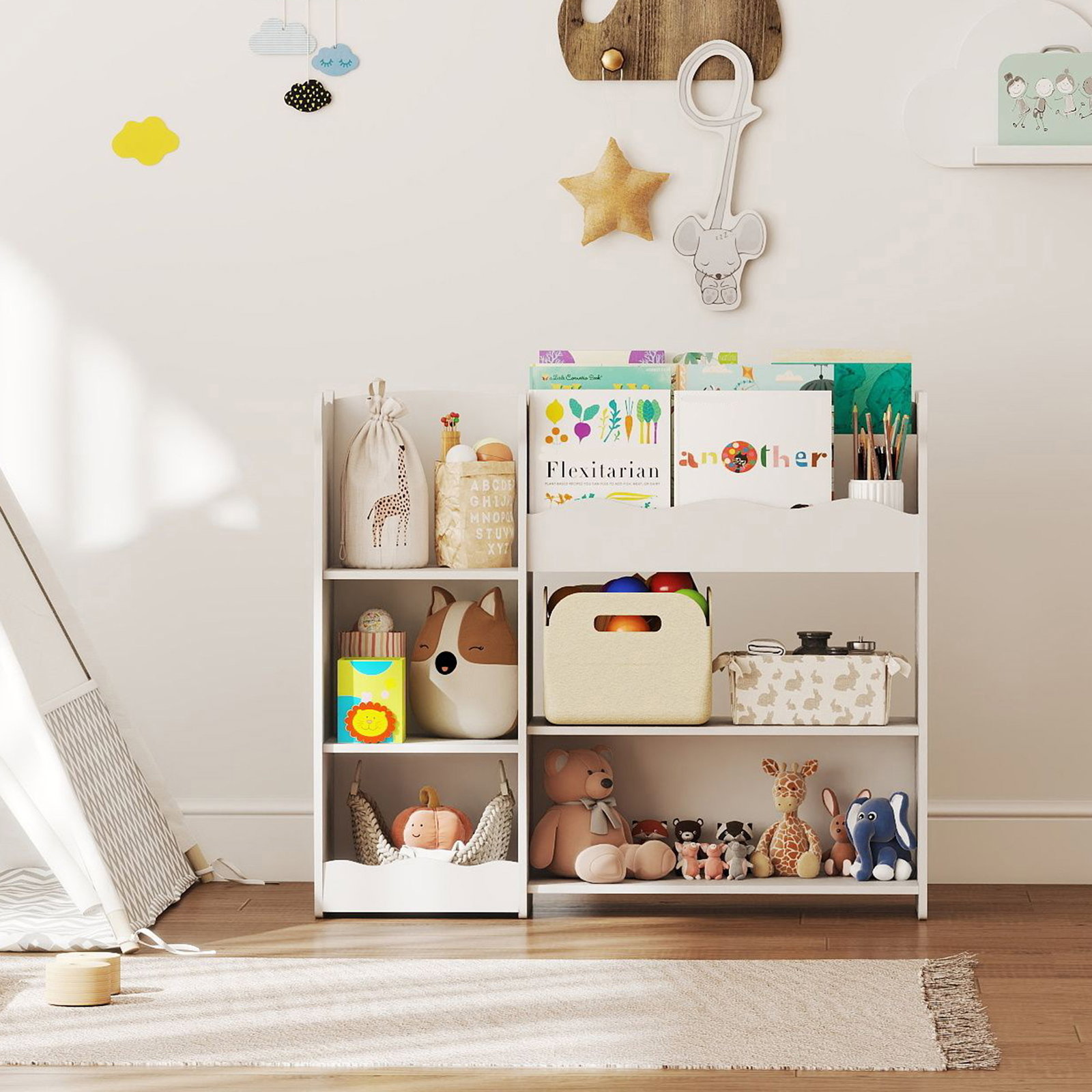 Estante infantil para brinquedos 5 prateleiras abertas 2 compartimentos design de ursinho organizador de brinquedos branco