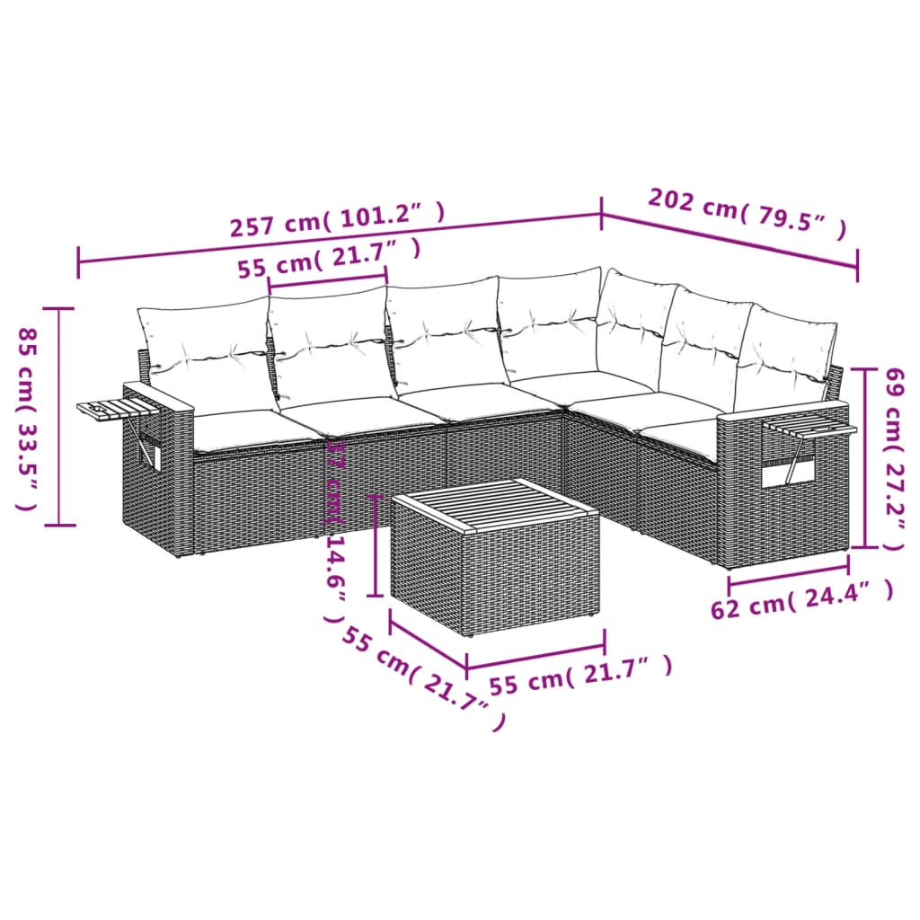 7 Pcs conjunto de sofás p/ jardim com almofadões vime PE bege