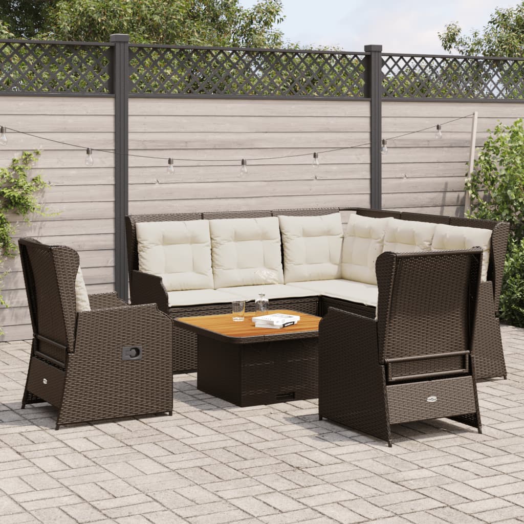 5 Pcs conjunto lounge jardim c/ almofadões vime PE castanho