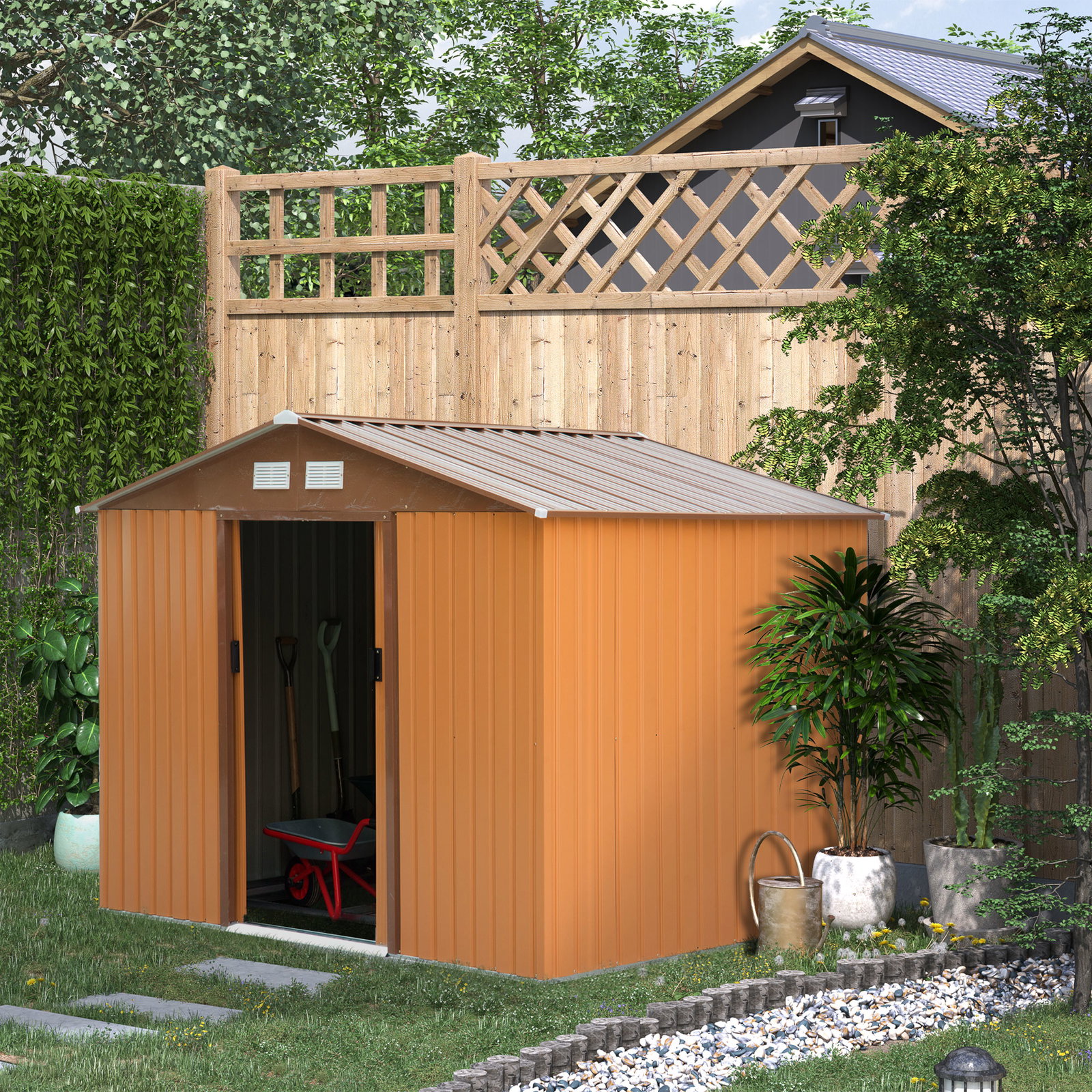 Abrigo de jardim exterior 4,83m² 277x195x192cm abrigo e jardim metálico para armazenamento de ferramentas com base incluída e 4 janelas marrom