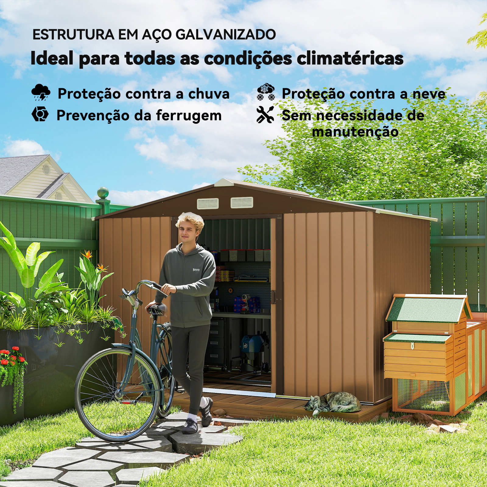 Abrigo de jardim exterior 4,83m² 277x195x192cm abrigo e jardim metálico para armazenamento de ferramentas com base incluída e 4 janelas marrom