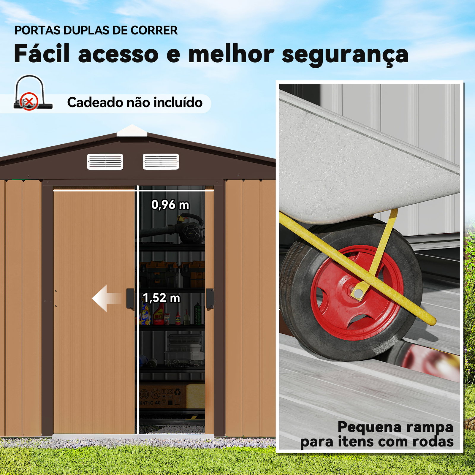 Abrigo de jardim exterior 4,83m² 277x195x192cm abrigo e jardim metálico para armazenamento de ferramentas com base incluída e 4 janelas marrom