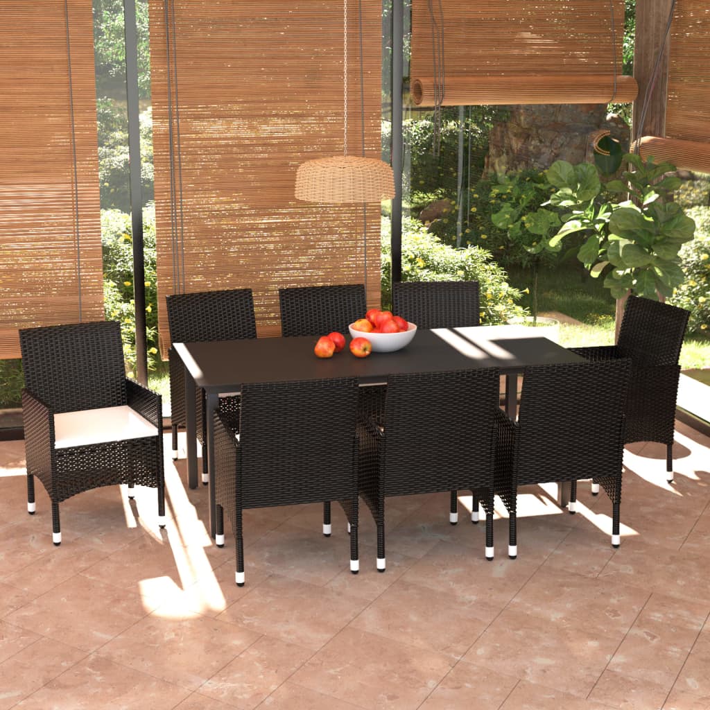 9 Pcs conjunto de jantar p/ jardim c/ almofadões vime PE preto