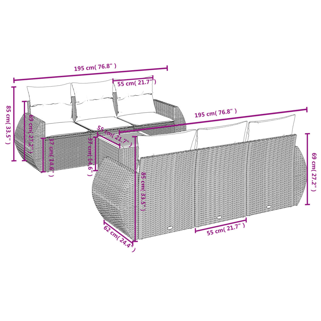 7 Pcs conjunto de sofás p/ jardim c/ almofadões vime PE preto