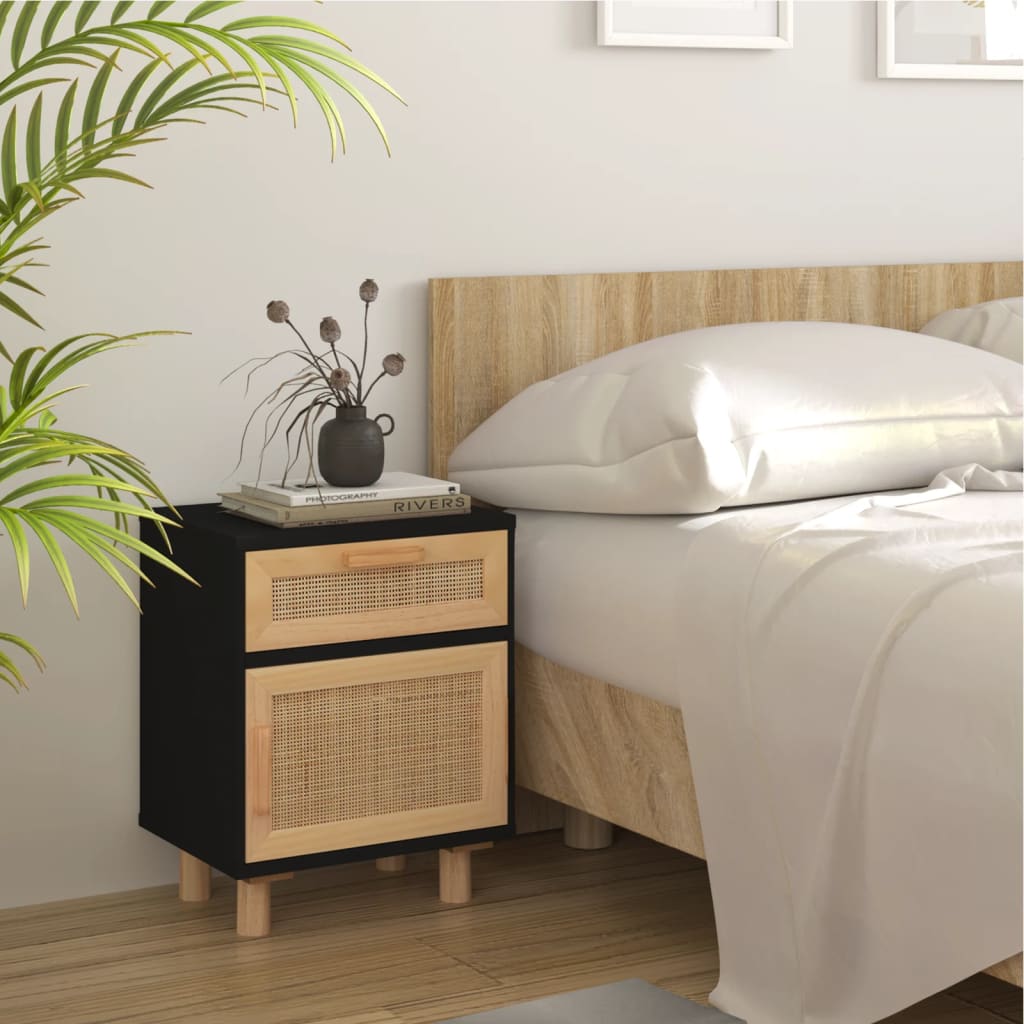Mesas de cabeceira 2 pcs pinho maciço e vime natural preto