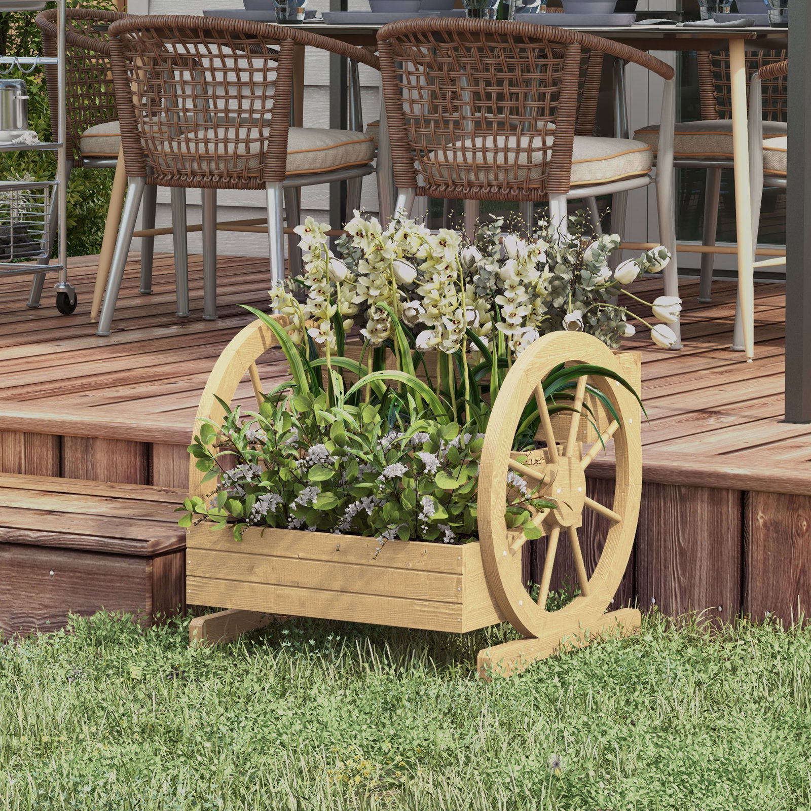 Floreira de madeira com 3 níveis para exterior design em escada com rodas e orifícios de drenagem 61x62x57 cm madeira