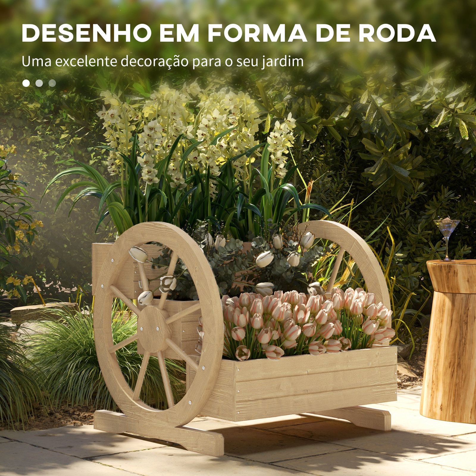 Floreira de madeira com 3 níveis para exterior design em escada com rodas e orifícios de drenagem 61x62x57 cm madeira