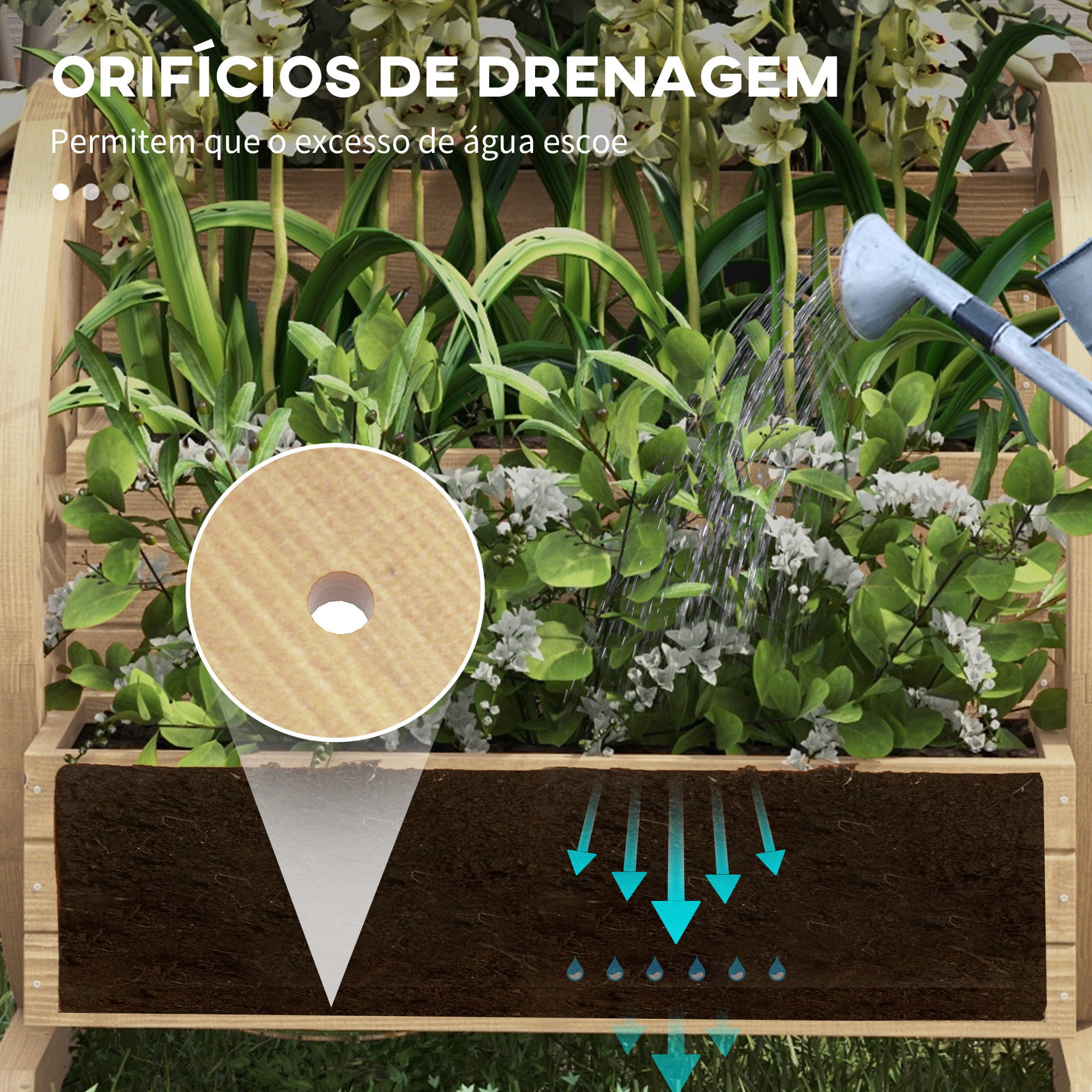 Floreira de madeira com 3 níveis para exterior design em escada com rodas e orifícios de drenagem 61x62x57 cm madeira