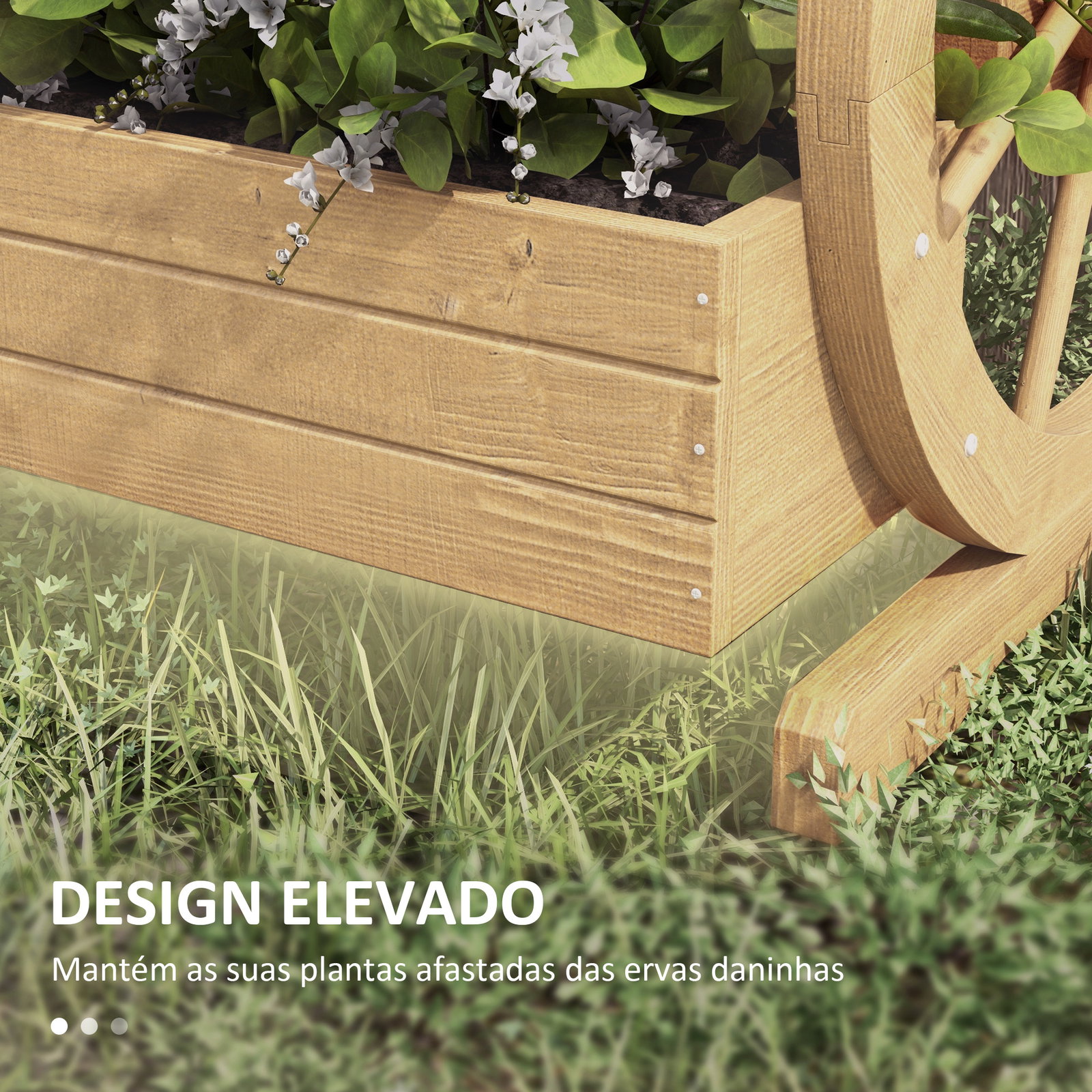 Floreira de madeira com 3 níveis para exterior design em escada com rodas e orifícios de drenagem 61x62x57 cm madeira
