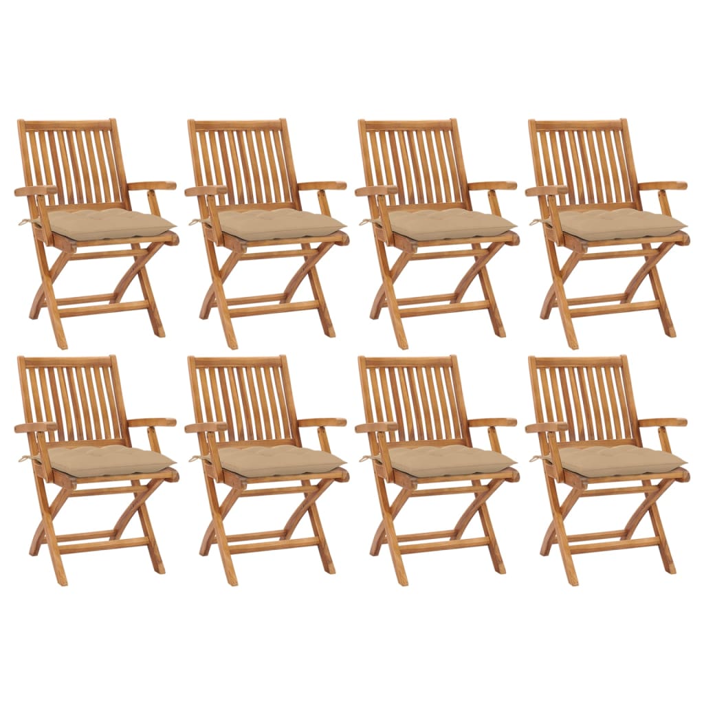 Cadeiras de jardim dobráveis c/ almofadões 8 pcs teca maciça