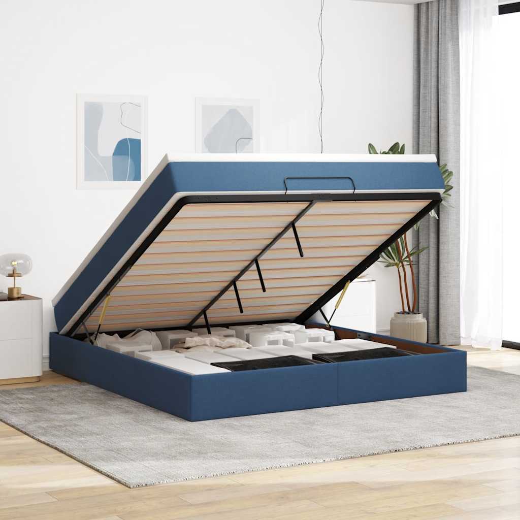 Estrutura de cama otomana com tecido azul colchão 180x200cm