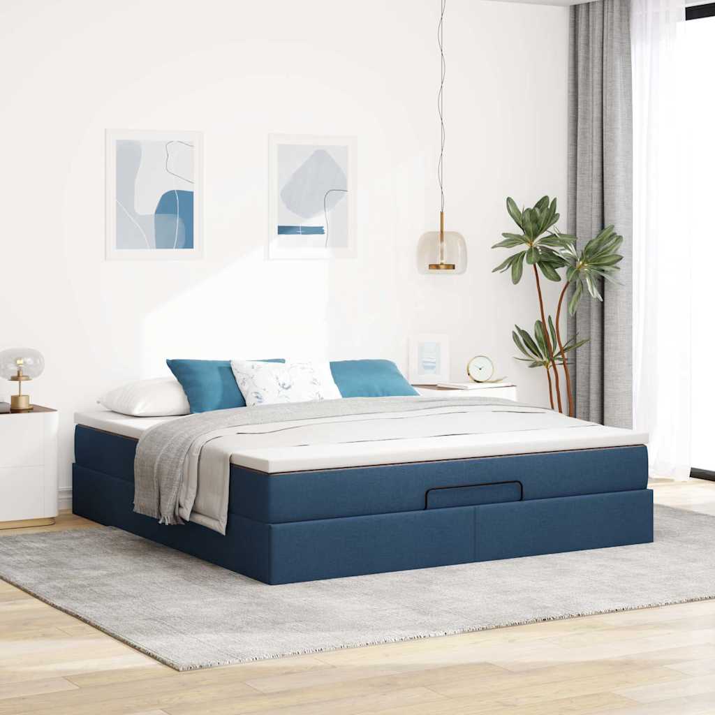 Estrutura de cama otomana com tecido azul colchão 180x200cm