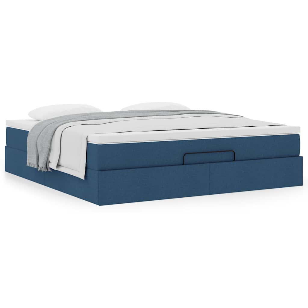 Estrutura de cama otomana com tecido azul colchão 180x200cm