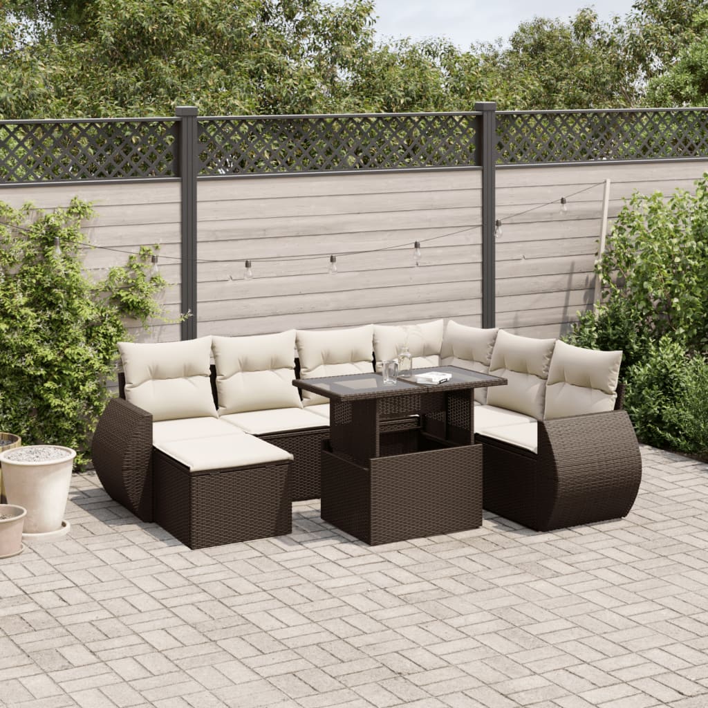 8 Pcs conjunto sofás de jardim c/ almofadões vime PE castanho