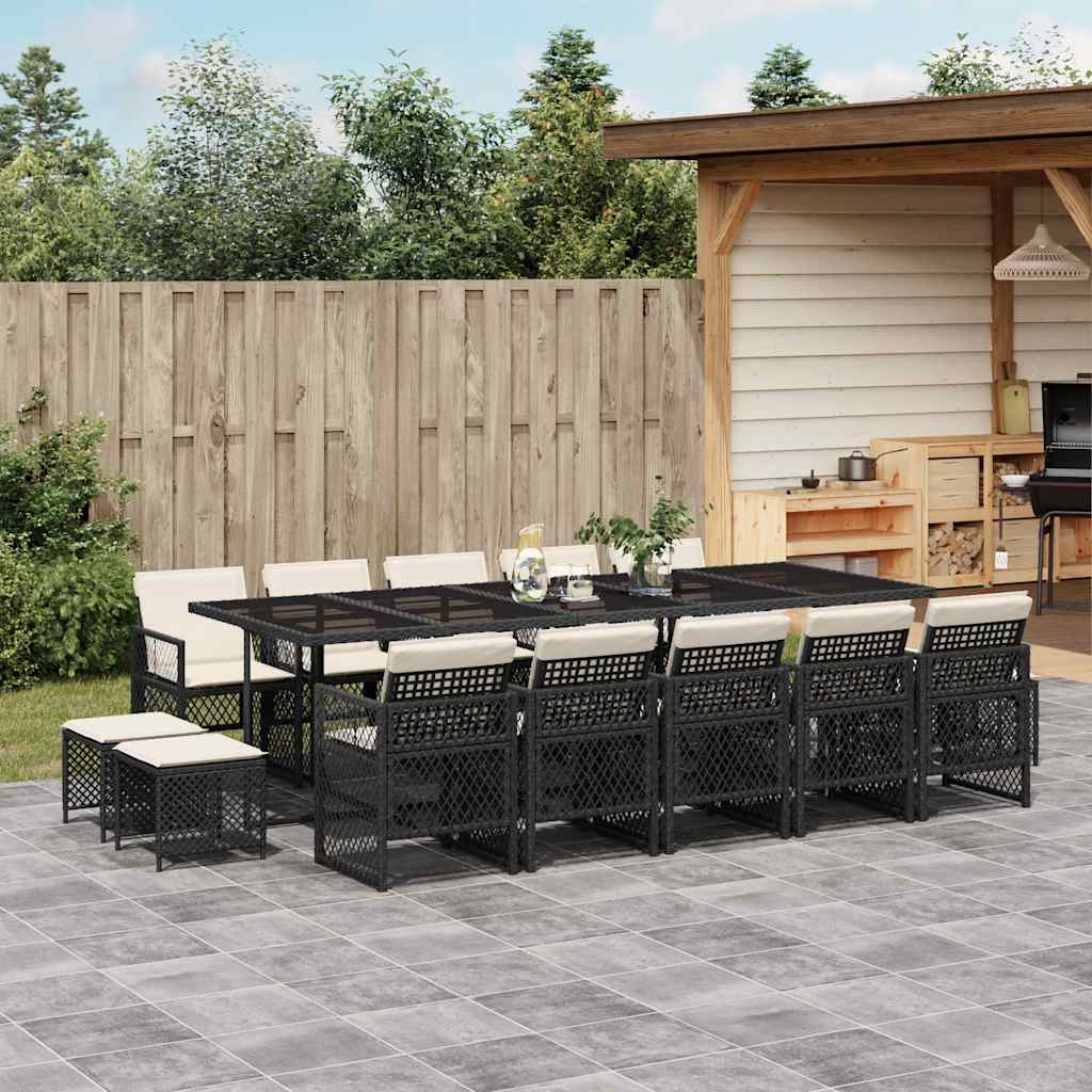 15 Pcs conjunto de jantar p/jardim com almofadões vime PE preto