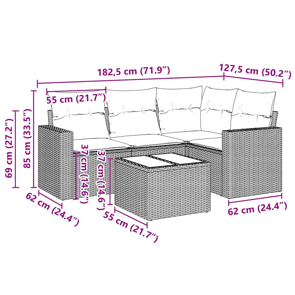 5 Pcs conjunto sofás de jardim com almofadões vime PE preto