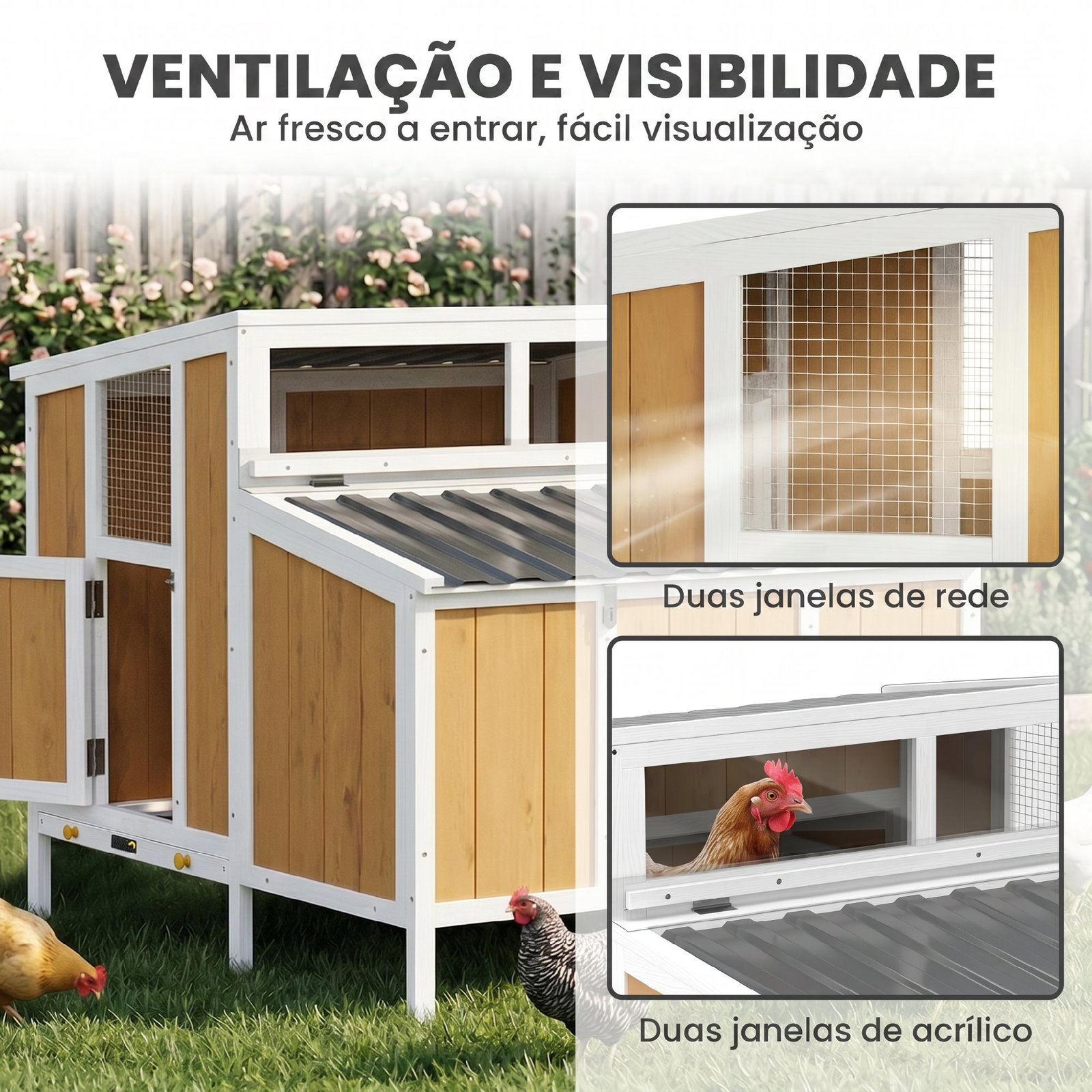 Galinheiro de madeira galinheiro de exterior para 2-4 galinhas com casa principal ninho bandeja amovivel 145x90x92 cm madeira