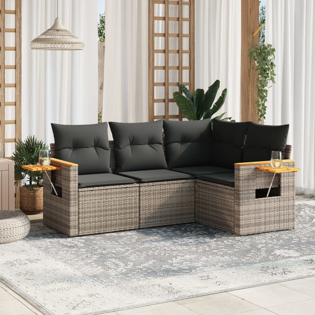 4 Pcs conjunto sofás de jardim c/ almofadões vime PE cinzento