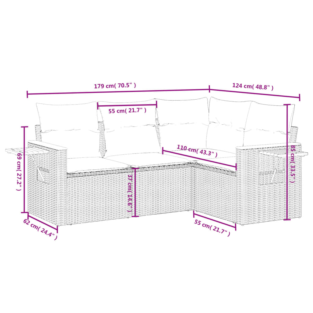 4 Pcs conjunto sofás de jardim c/ almofadões vime PE cinzento