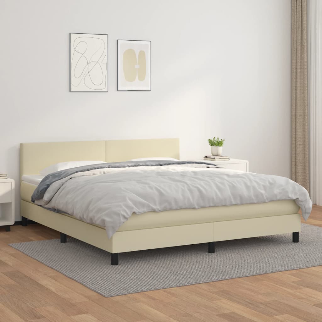 Cama com molas/colchão 160x200 cm couro artificial cor creme