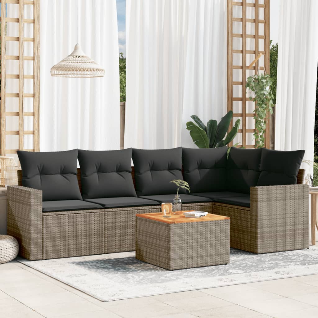 6 Pcs conjunto sofás de jardim com almofadões vime cinzento