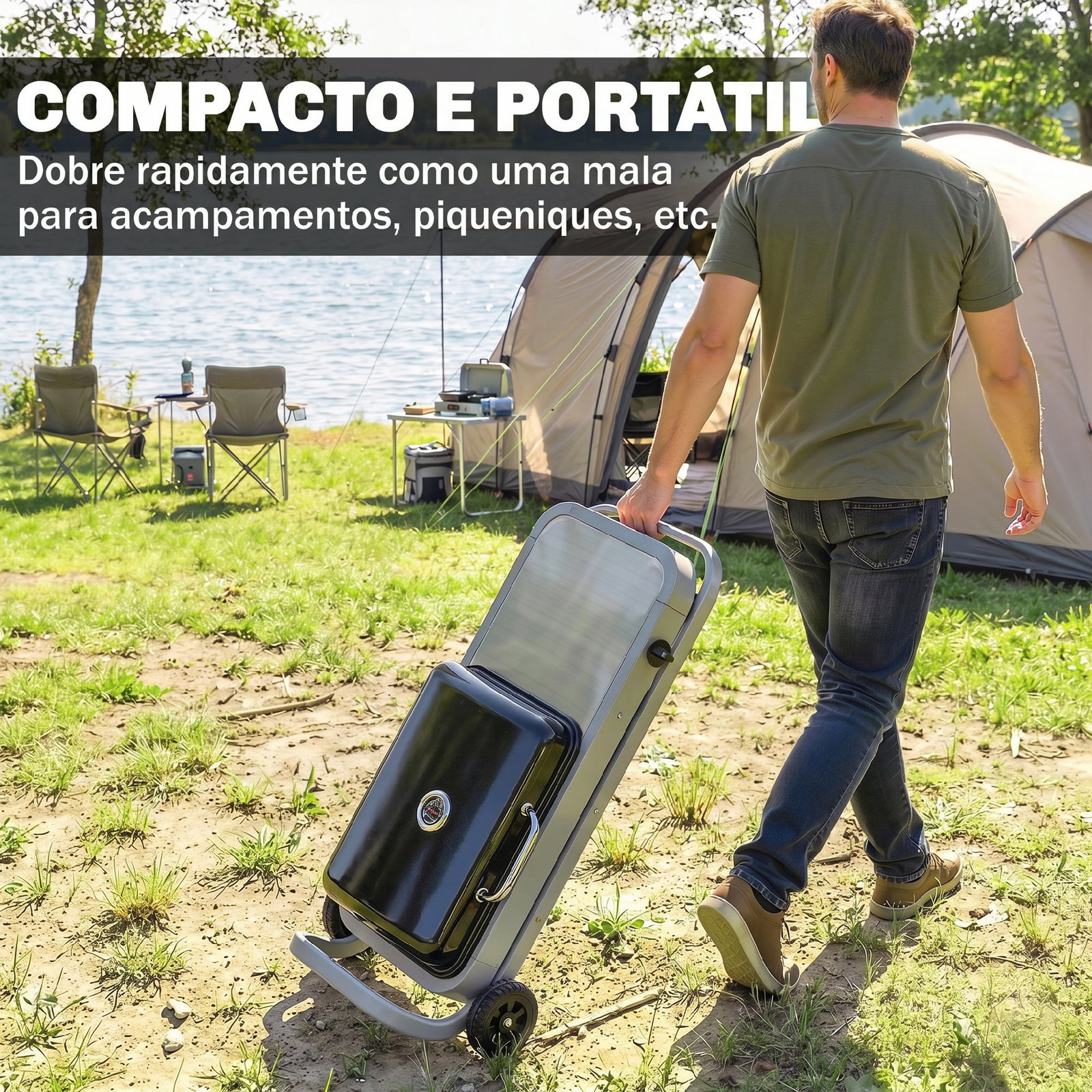 Grelhador a gás dobrável com queimador 2,5 kw tampa termómetro mesa lateral e 2 rodas grelha coletor de gordura preto