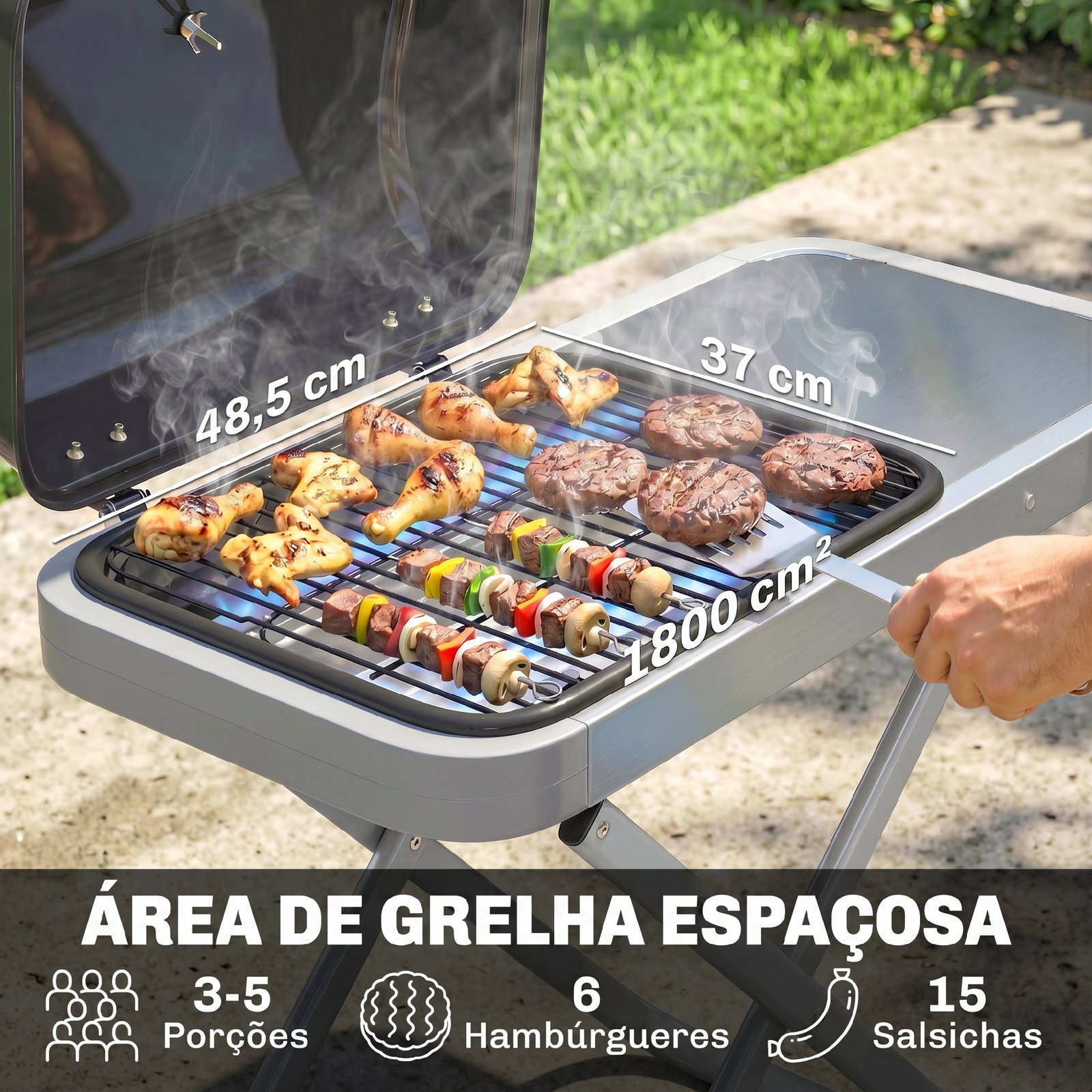 Grelhador a gás dobrável com queimador 2,5 kw tampa termómetro mesa lateral e 2 rodas grelha coletor de gordura preto