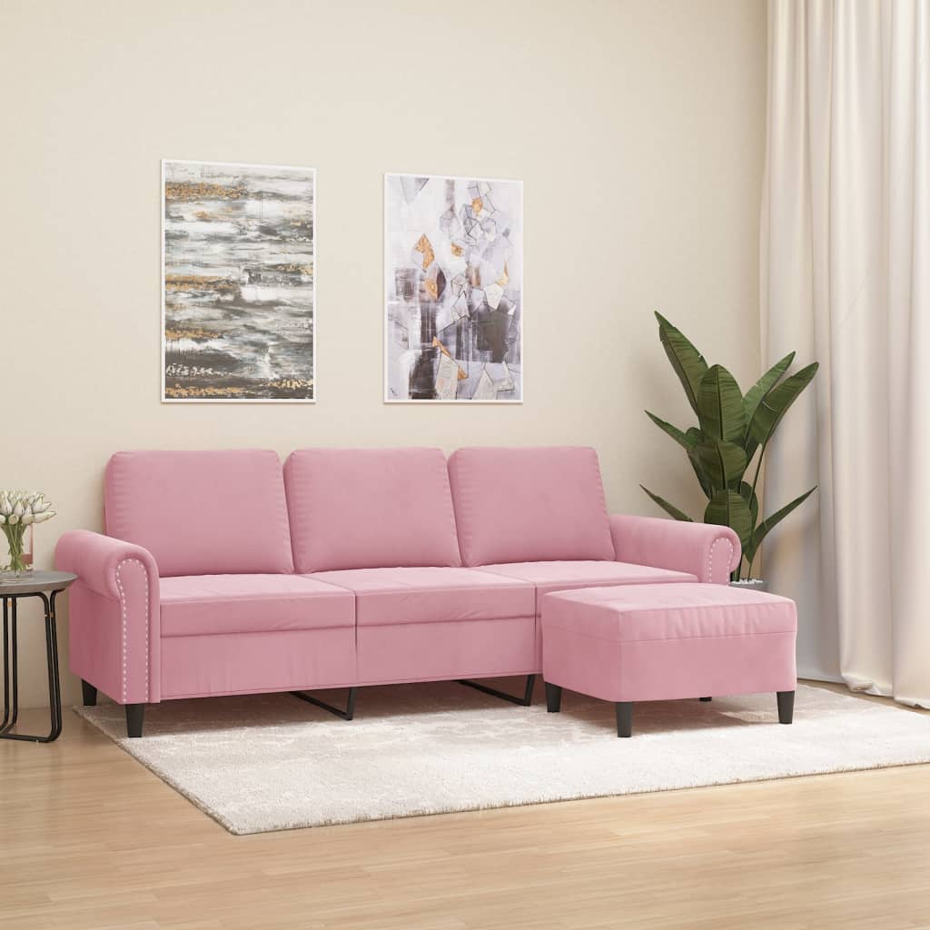 Sofá de 3 lugares com apoio de pés 180 cm veludo rosa